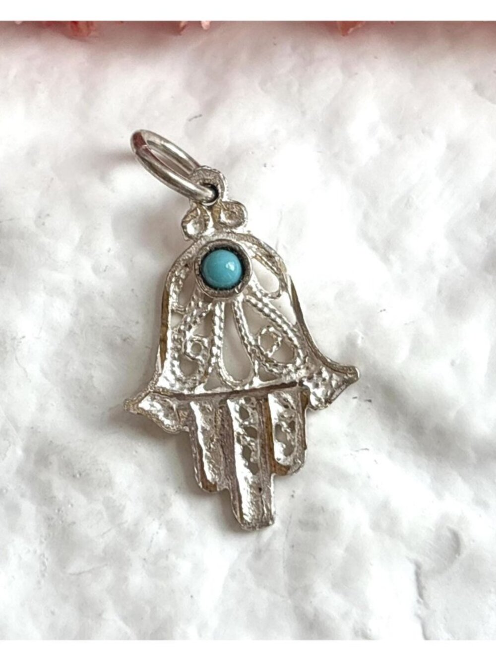 Hamsa Filigree Turquoise Accented Sterling Silver 925 Vintage Pendant | Charm